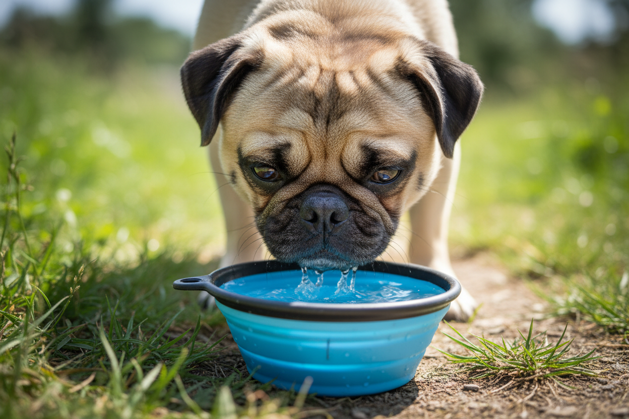 Pug drinking water out of a portable bowl